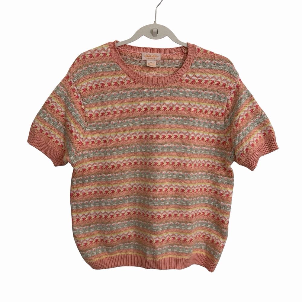 Brooks Brothers Womens XL Fair Isle Knit Sweater Top Pink Cotton Short Sleeve
